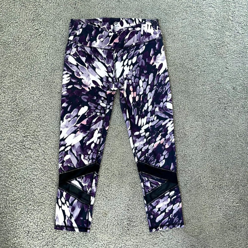 GAIMA Cropped Yoga Pants in Purple White Pink with mesh leg insets NWOT- Size S
